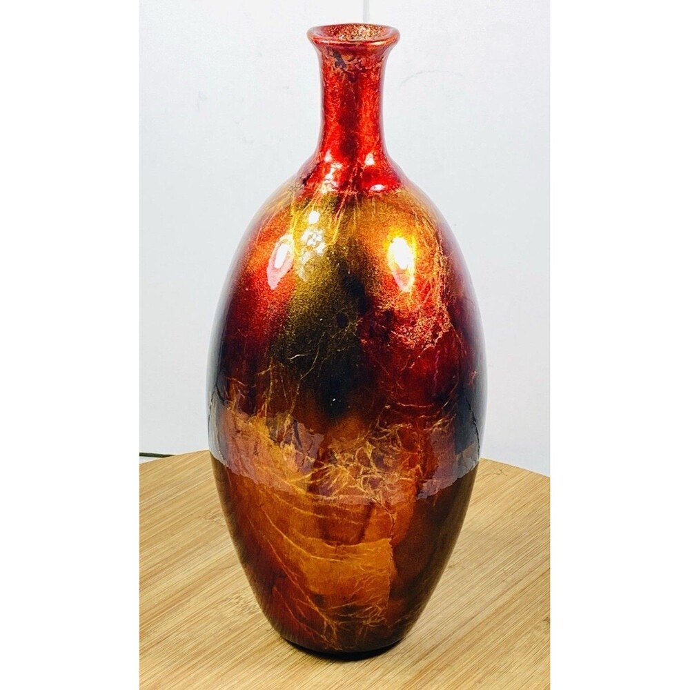 Hand-Glazed Marbled Art Vase in Deep Red and Gold 10” Tall